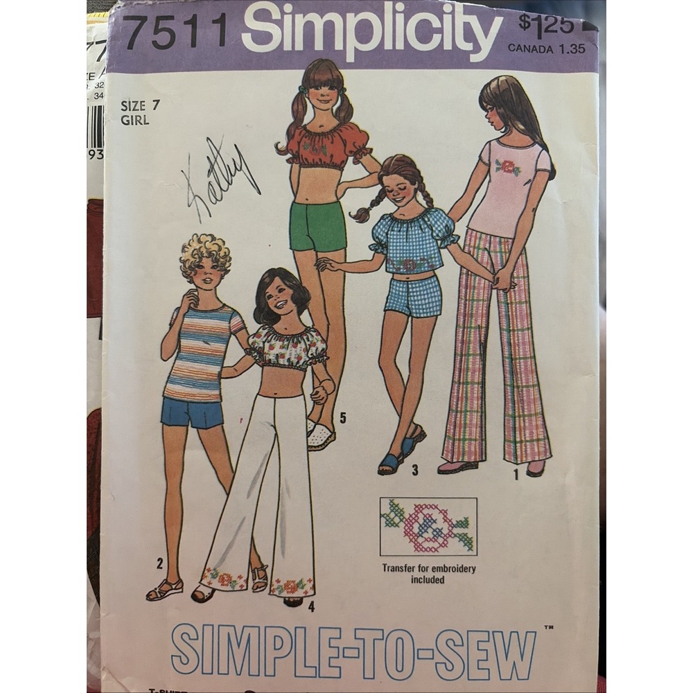 Vintage 1976 Simplicity 7511 Girls Size 7 Sewing Pattern Pullover Pants Uncut
